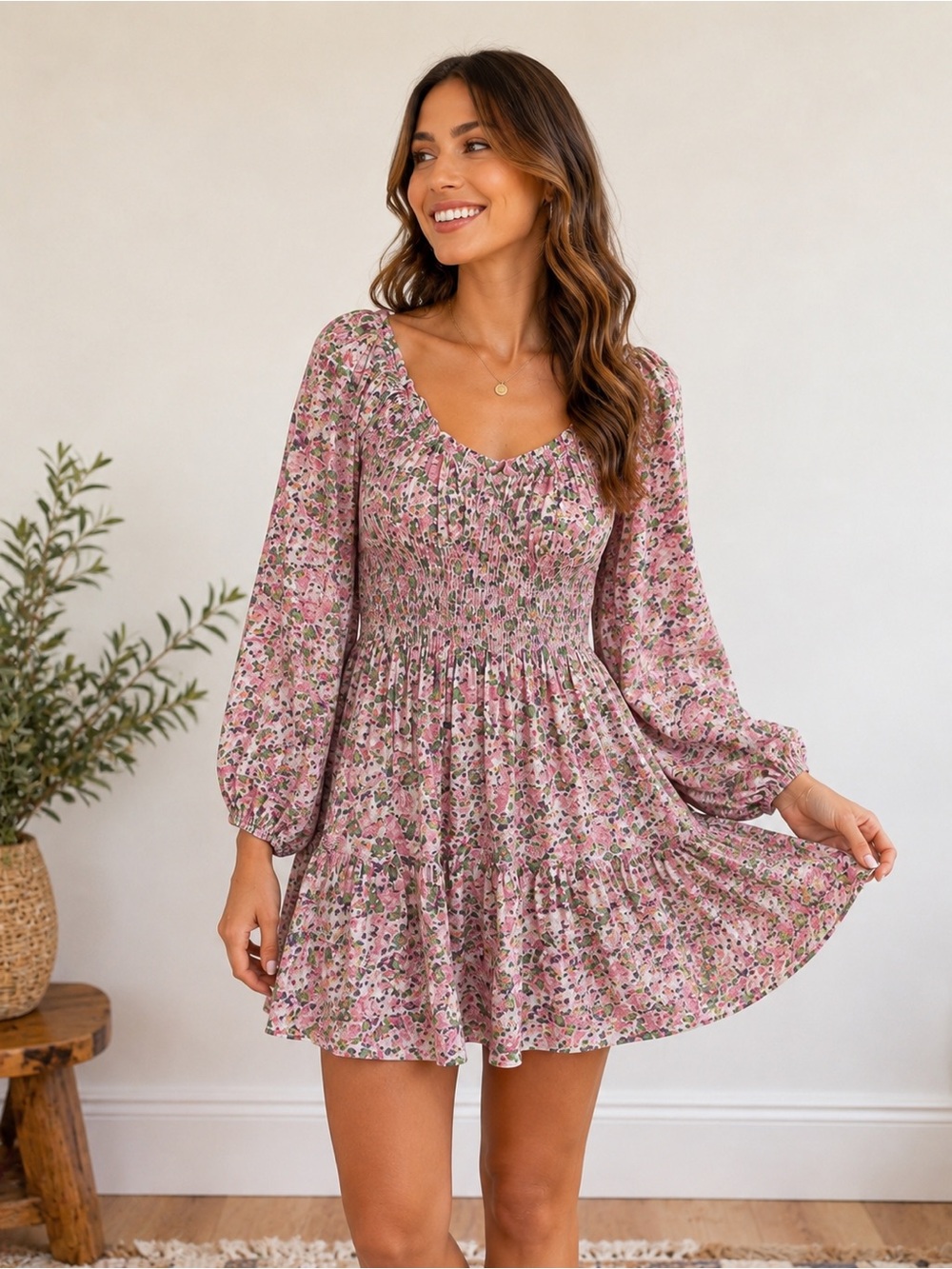 🌸 Entro Floral Smocked Tiered Mini Dress Size M Boho Puff Sleeve Cottagecore 🌸